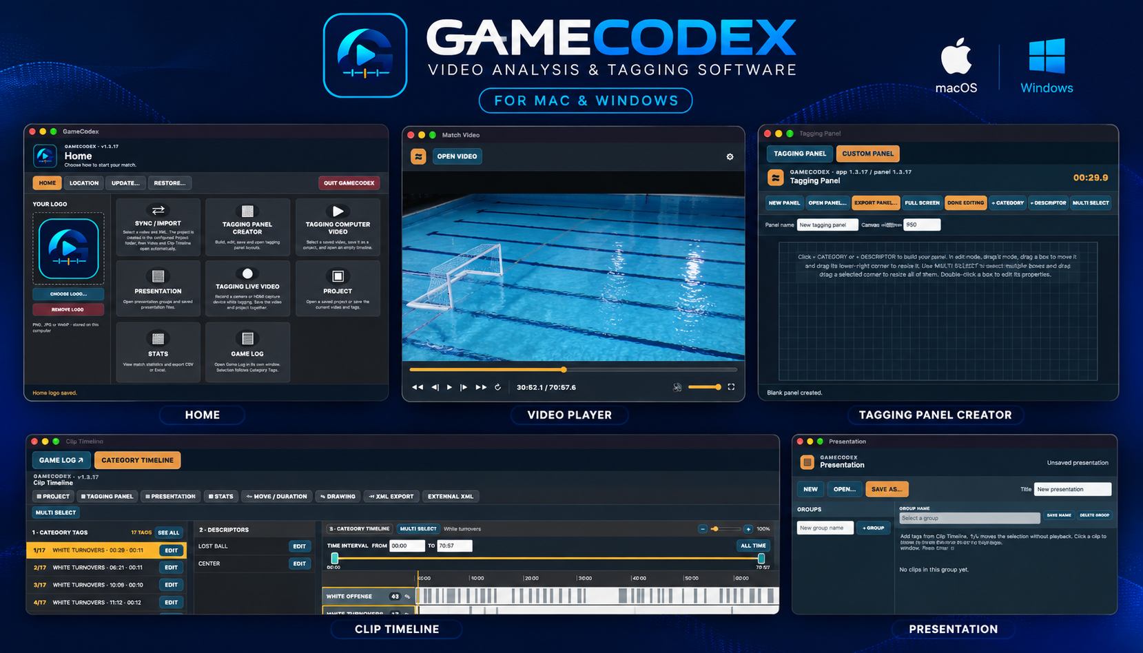 GAMECODEX Desktop software showcase with clean, unbranded water polo pool visualization and desktop app interface